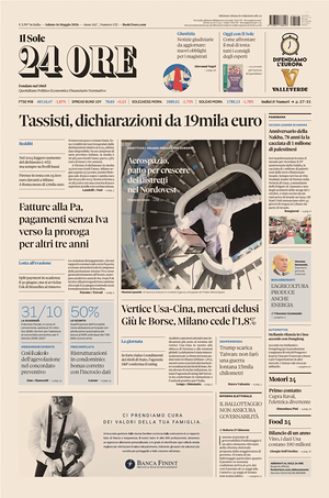 Prima pagina Il Sole 24 Ore di oggi - Quotidiano finanza