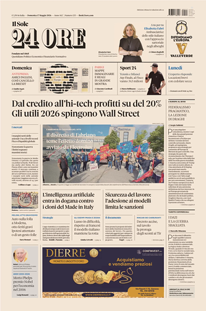 Prima pagina Il Sole 24 Ore di oggi - Quotidiano finanza