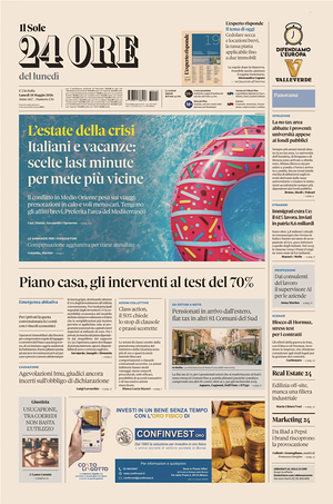 Prima pagina Il Sole 24 Ore di oggi - Quotidiano finanza