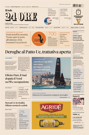 Prima pagina Il Sole 24 Ore di oggi - Quotidiano finanza