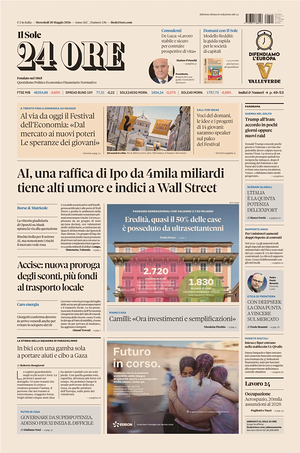 Prima pagina Il Sole 24 Ore di oggi - Quotidiano finanza