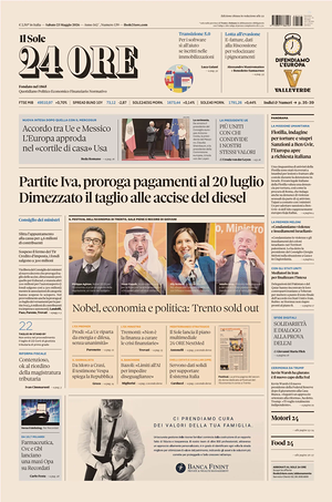 Prima pagina Il Sole 24 Ore di oggi - Quotidiano finanza