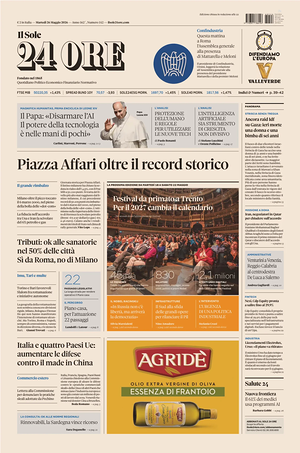 Prima pagina Il Sole 24 Ore di oggi - Quotidiano finanza