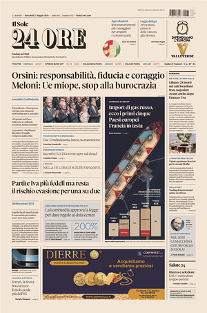 Prima pagina Il Sole 24 Ore di oggi - Quotidiano finanza