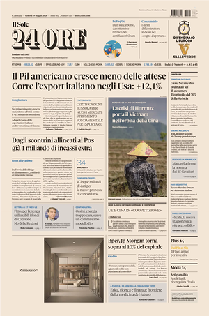 Prima pagina Il Sole 24 Ore di oggi - Quotidiano finanza