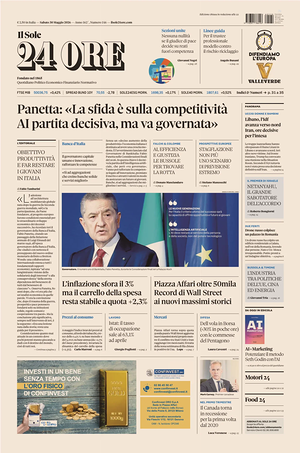 Prima pagina Il Sole 24 Ore di oggi - Quotidiano finanza