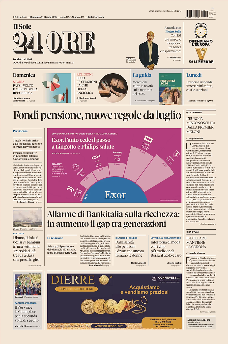 Prima pagina Il Sole 24 Ore di oggi - Edicola 31 Maggio 2026