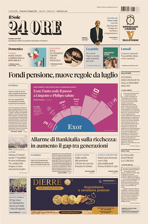 Prima pagina Il Sole 24 Ore di oggi - Quotidiano finanza