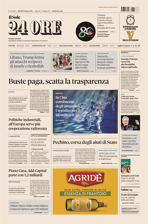 Prima pagina Il Sole 24 Ore di oggi - Quotidiano finanza
