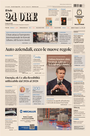 Prima pagina Il Sole 24 Ore di oggi - Quotidiano finanza