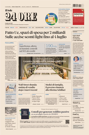 Prima pagina Il Sole 24 Ore di oggi - Quotidiano finanza