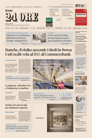 Prima pagina Il Sole 24 Ore di oggi - Quotidiano finanza