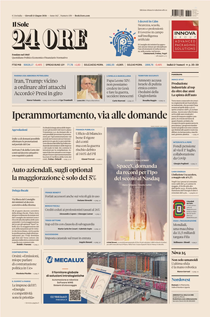 Prima pagina Il Sole 24 Ore di oggi - Quotidiano finanza
