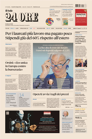 Prima pagina Il Sole 24 Ore di oggi - Quotidiano finanza