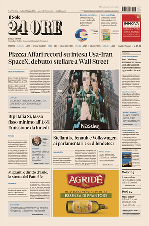 Prima pagina Il Sole 24 Ore di oggi - Quotidiano finanza