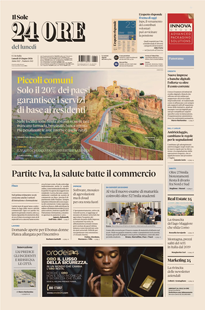 Prima pagina Il Sole 24 Ore di oggi - Quotidiano finanza