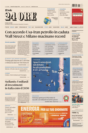 Prima pagina Il Sole 24 Ore di oggi - Quotidiano finanza