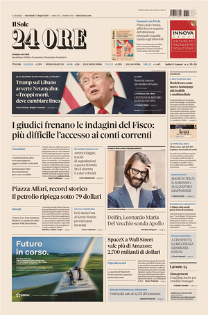 Prima pagina Il Sole 24 Ore di oggi - Quotidiano finanza