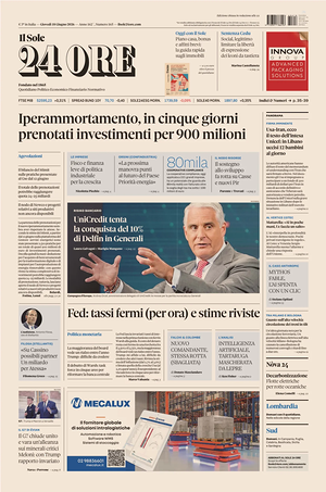 Prima pagina Il Sole 24 Ore di oggi - Quotidiano finanza