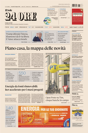 Prima pagina Il Sole 24 Ore di oggi - Quotidiano finanza