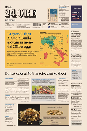 Prima pagina Il Sole 24 Ore di oggi - Quotidiano finanza