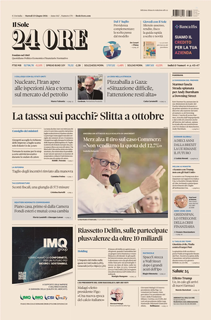 Prima pagina Il Sole 24 Ore di oggi - Quotidiano finanza