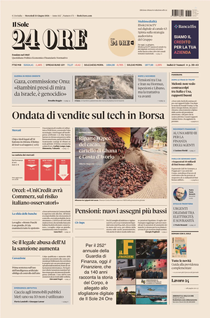 Prima pagina Il Sole 24 Ore di oggi - Quotidiano finanza