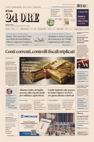 Prima pagina Il Sole 24 Ore di oggi - Quotidiano finanza
