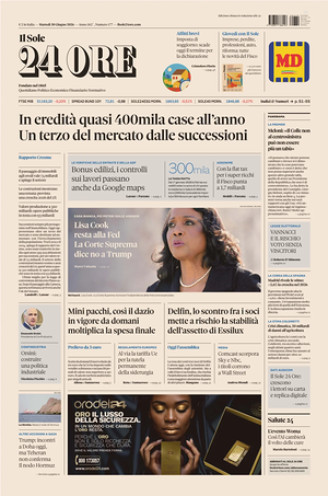 Prima pagina Il Sole 24 Ore di oggi - Quotidiano finanza