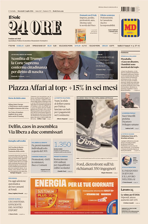 Prima pagina Il Sole 24 Ore di oggi - Quotidiano finanza