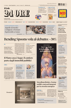 Prima pagina Il Sole 24 Ore di oggi - Quotidiano finanza