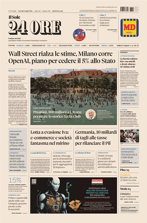 Prima pagina Il Sole 24 Ore di oggi - Quotidiano finanza