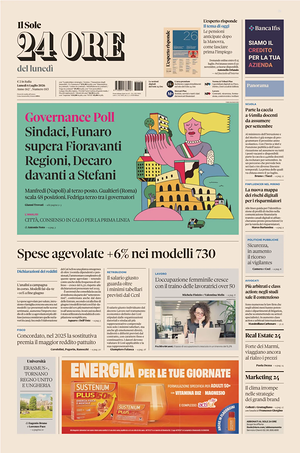 Prima pagina Il Sole 24 Ore di oggi - Quotidiano finanza