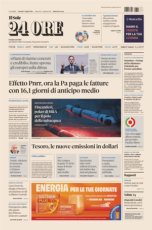 Prima pagina Il Sole 24 Ore di oggi - Quotidiano finanza