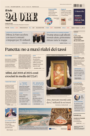 Prima pagina Il Sole 24 Ore di oggi - Quotidiano finanza