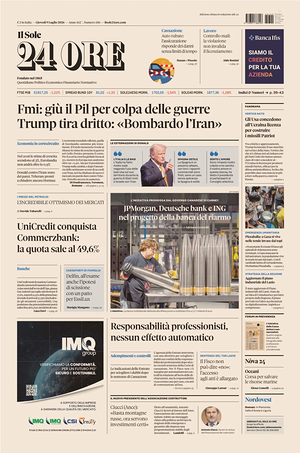 Prima pagina Il Sole 24 Ore di oggi - Quotidiano finanza