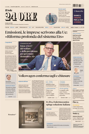 Prima pagina Il Sole 24 Ore di oggi - Quotidiano finanza