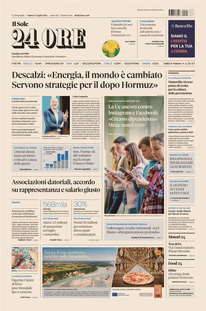 Prima pagina Il Sole 24 Ore di oggi - Quotidiano finanza
