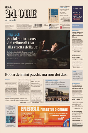 Prima pagina Il Sole 24 Ore di oggi - Quotidiano finanza
