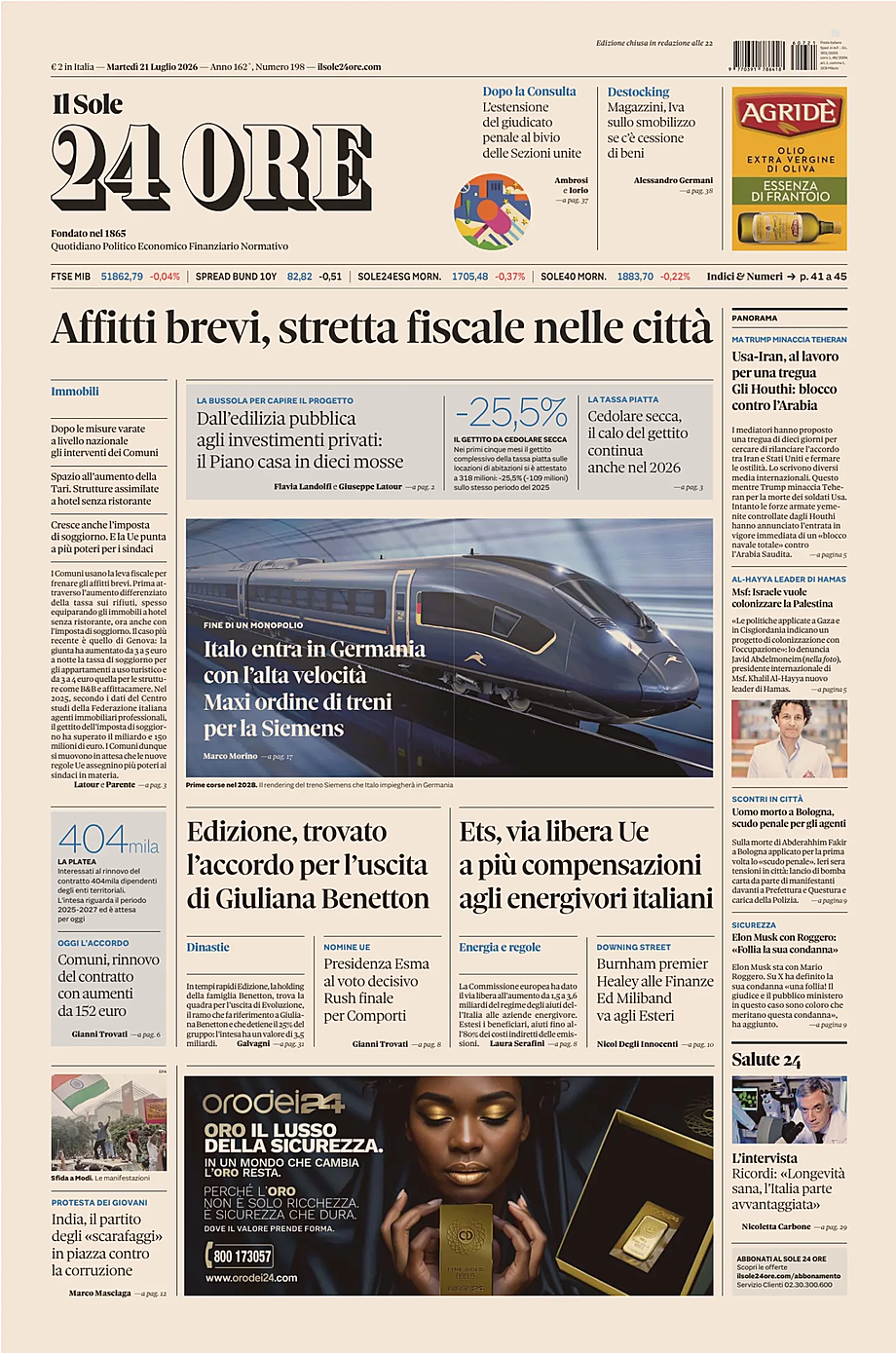 Prima pagina Il Sole 24 Ore di oggi - Edicola 21 Luglio 2026