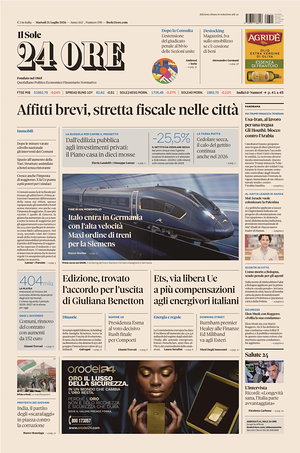 Prima pagina Il Sole 24 Ore di oggi - Quotidiano finanza