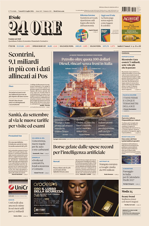 Prima pagina Il Sole 24 Ore di oggi - Quotidiano finanza