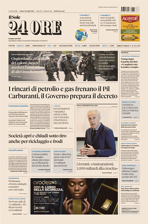 Prima pagina Il Sole 24 Ore di oggi - Quotidiano finanza