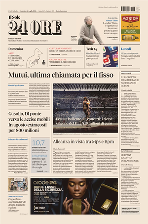 Prima pagina Il Sole 24 Ore di oggi - Quotidiano finanza