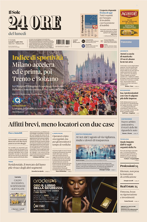 Prima pagina Il Sole 24 Ore di oggi - Quotidiano finanza