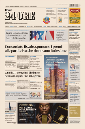 Prima pagina Il Sole 24 Ore di oggi - Quotidiano finanza