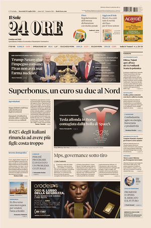 Prima pagina Il Sole 24 Ore di oggi - Quotidiano finanza