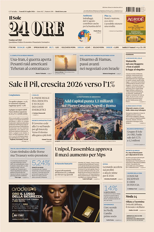 Prima pagina Il Sole 24 Ore di oggi - Quotidiano finanza