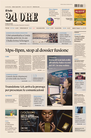 Prima pagina Il Sole 24 Ore di oggi - Quotidiano finanza