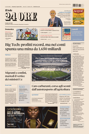 Prima pagina Il Sole 24 Ore di oggi - Quotidiano finanza